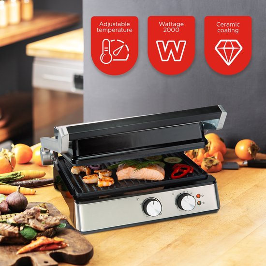 Bourgini - Kontaktgrill - 29cm x 23cm - Panini-Grill und Toast-Eisen - PFAS-freie Keramikbeschichtung