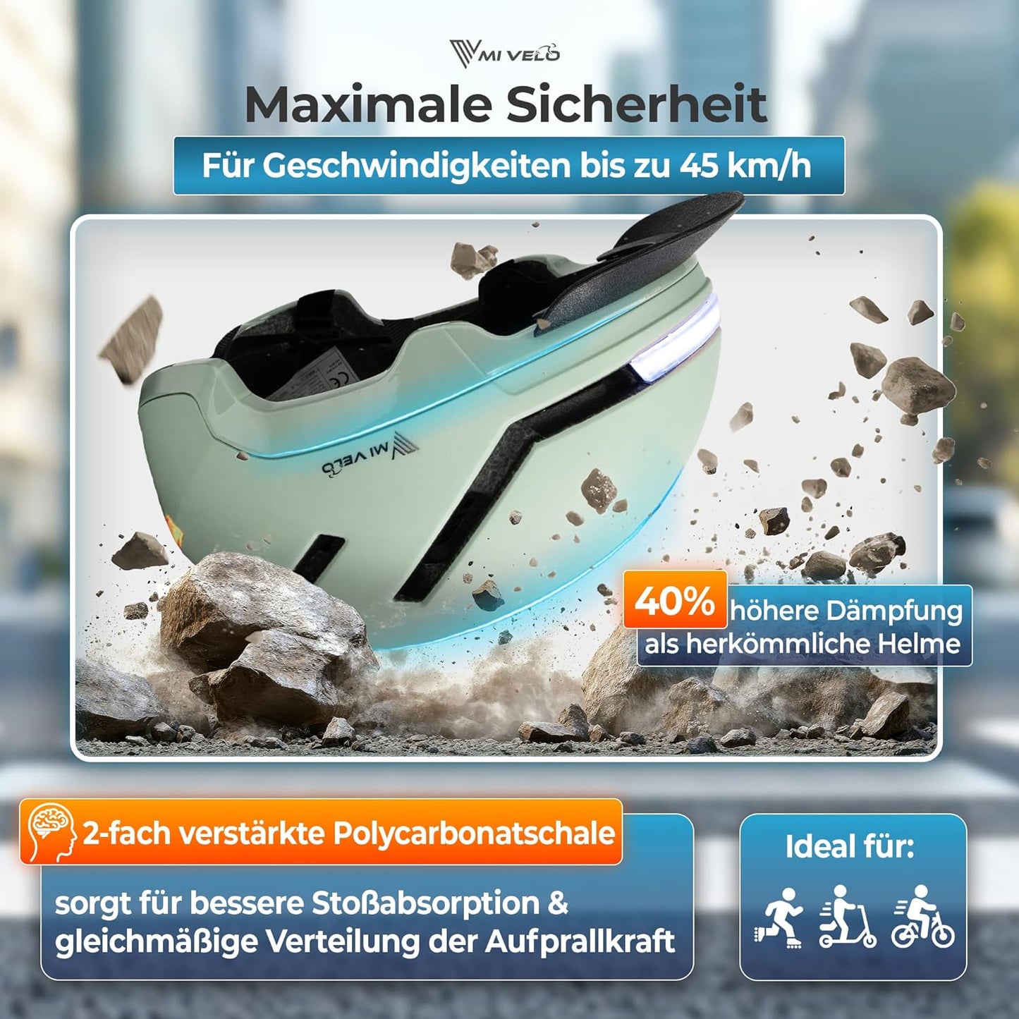 Mivelo NOVA Unisex-Fahrradhelm mit Licht – NTA-zertifiziert bis 45 km/h – Größe L (57–61 cm) – Mint