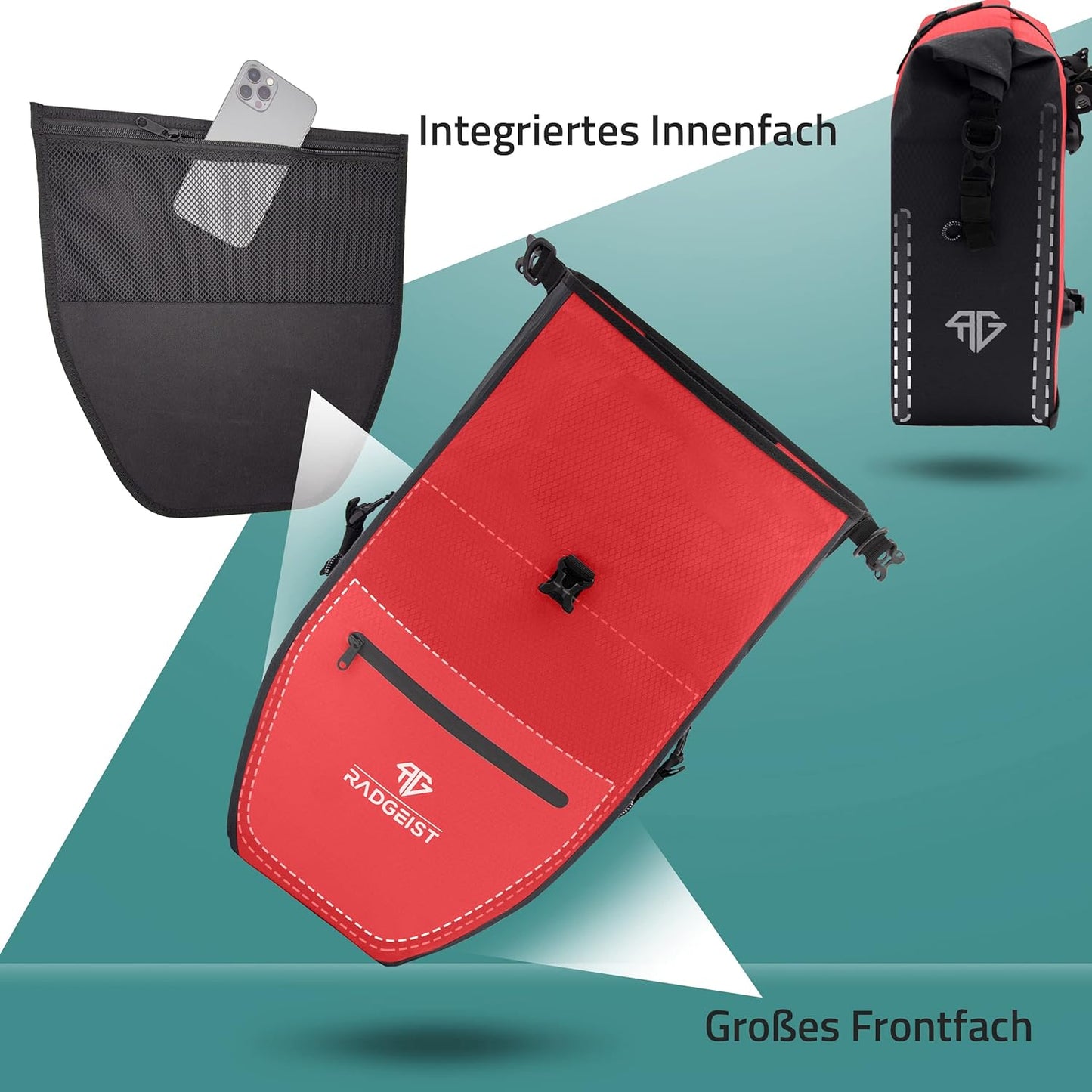 RADGEIST Packtasche Gepäcktasche - 28 L - Rote Plane - Wasserdicht mit Laptopfach - Sportlich & funktionell - Inklusive Schultergurt & Reflektoren