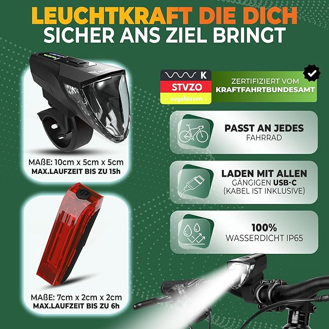 MIVELO Fahrradlicht-Set - USB aufladbar & wasserdicht - 70 Lux - Schwarz