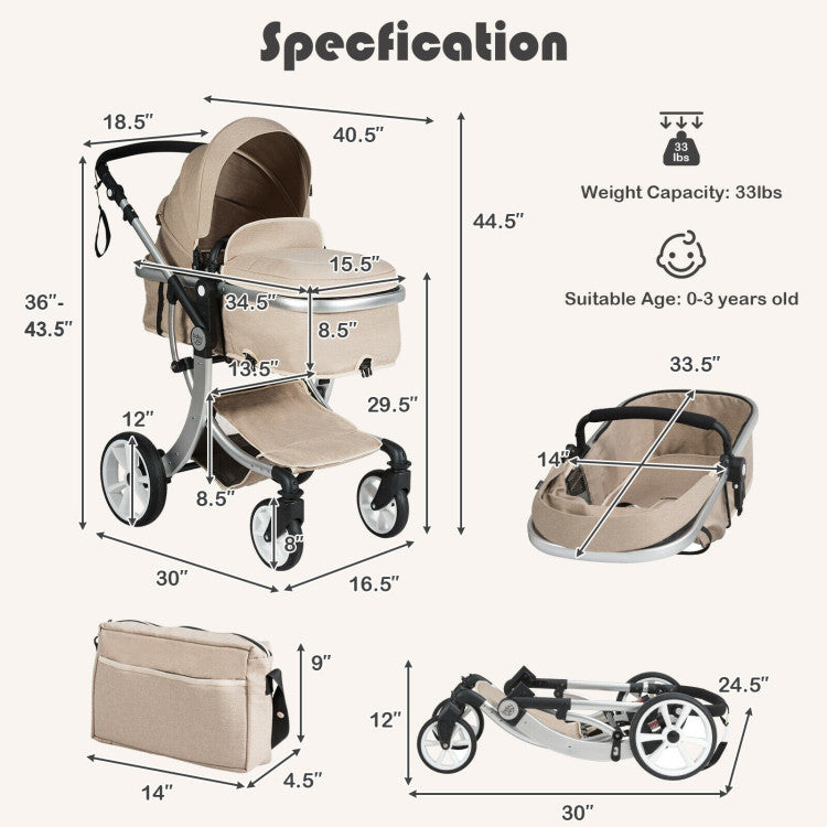 Coast 2-in-1 faltbarer hoher Kinderwagen mit Wickeltasche - Beige - 40,5 x 24,5 x 44,5 Zoll