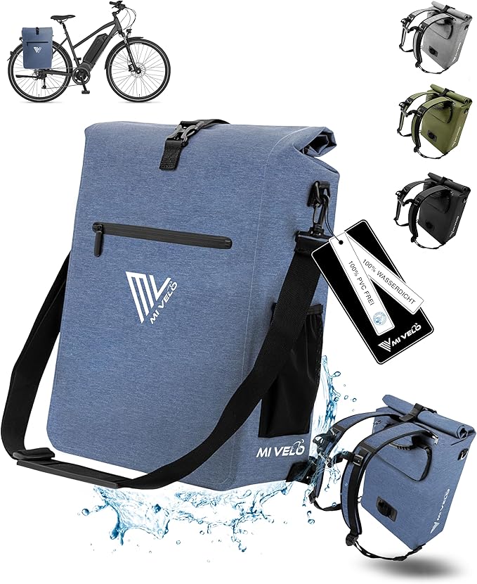 MIVELO Gepäckträgertasche für Gepäckträger - 3-in-1 - 25 Liter Fassungsvermögen - Jeansblau & Wasserdichtes Polyester - Reflektierende Details - Für den täglichen Gebrauch