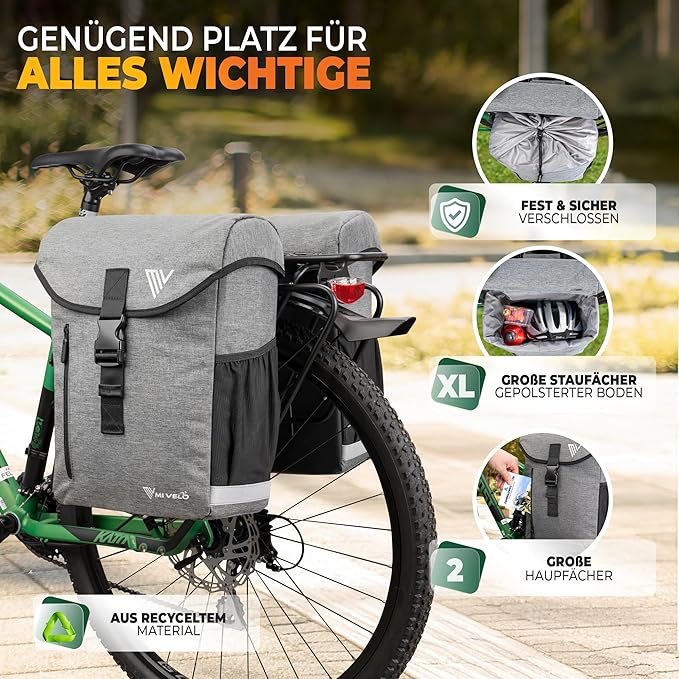MIVELO Gepäckträgertasche – Doppel & Wasserdicht – 36 Liter – Kompatibel mit MIK & Racktime – Grau