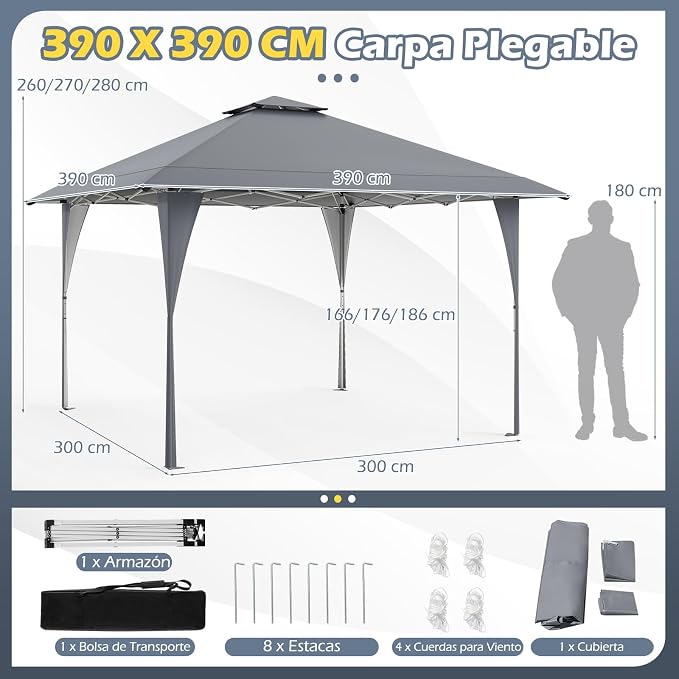 Coast Faltbares Partyzelt 3,95 × 3,95 m – Pop-up-Pavillon mit Belüftungsdach, 3 Höhenstufen, UV-Schutz und Tragetasche – Grau