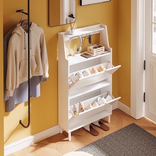SoBuy Schuhschrank, extraflach 19 cm – Stauraum bis Größe 47 – mit Haken und offenem Regal für kleine Wohnungen, Flur, Eingangsbereich – weiß, 60 x 19 x 119 cm, FSR221-W
