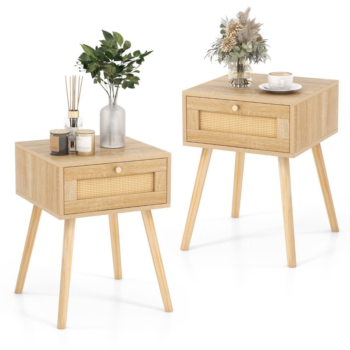 Coast 2er-Set Rattan-Nachttische – mit Schublade – Beine aus Massivholz – Eiche natur – 40 x 40 x 55 cm