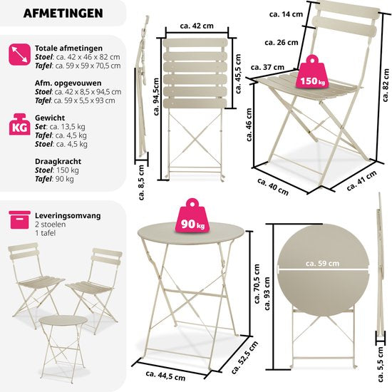 tectake - Klappbares Bistro-Set für 2 Personen mit Stahlgestell, Tisch und Gartenstühlen - Für Balkon und Terrasse - Outdoor-Set - Garten-Set - Klapptisch und Klappstühle - elegantes Design - creme