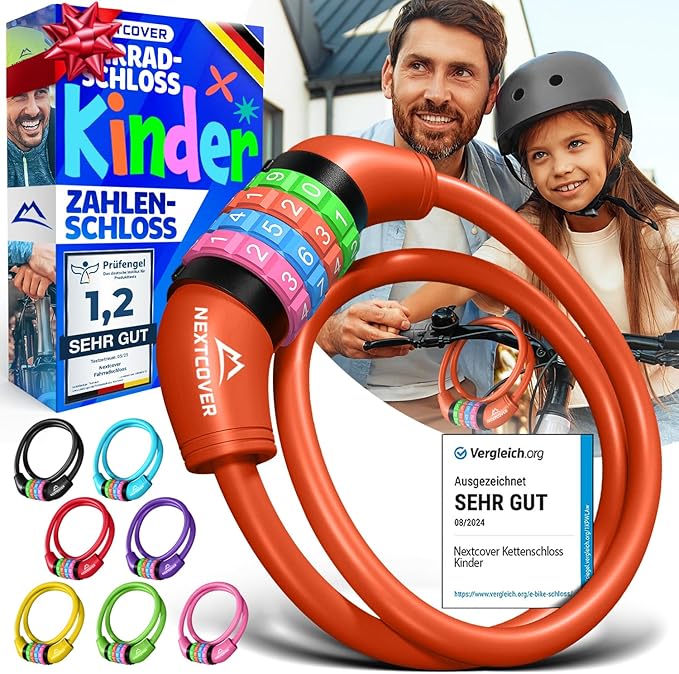 NEXTCOVER® Kinderfahrradschloss - 4-stelliger Zahlencode - Zahlenschloss Fahrrad mit bunten Zahlen - Scooterschloss Extra robust & sicher - Rot