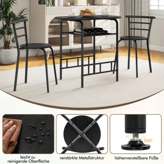 Coast Esstisch-Set Schwarz - 3-teiliges Bar-Tisch-Set mit 2 Stühlen und Weinregal - Tisch 80 x 53 x 77 cm