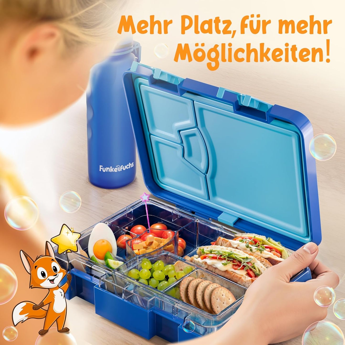 Funkelfuchs® Lunchbox kids - Mit Fach - 800ml - Groß - Für Schule und Kindergarten - Blau