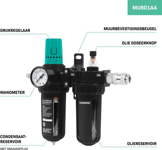 VONROC Luftpflegegerät - Druckluftentfeuchter, Druckregler und Ölzerstäuber - Pflege und Wartung von Druckluftwerkzeugen - 100-300 l/min - 0-10 bar - Universal EU-RO/DIN 7,2mm Kupplung