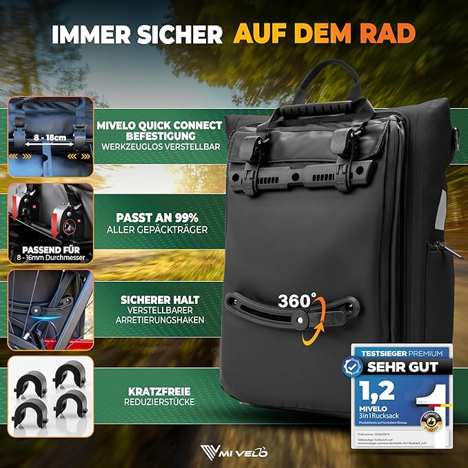 MIVELO 3-in-1-Rucksack & Umhängetasche - Wasserdicht - 25 Liter - Schwarz