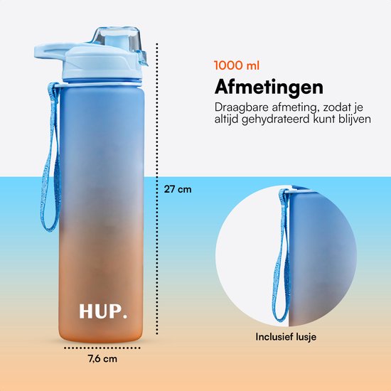 Hup. - Motivation Water Bottle - Wasserflasche 1 Liter - Trinkflasche - Wasserflasche mit Ausgießer - Trinkflasche für Erwachsene - auslaufsicher und BPA-frei