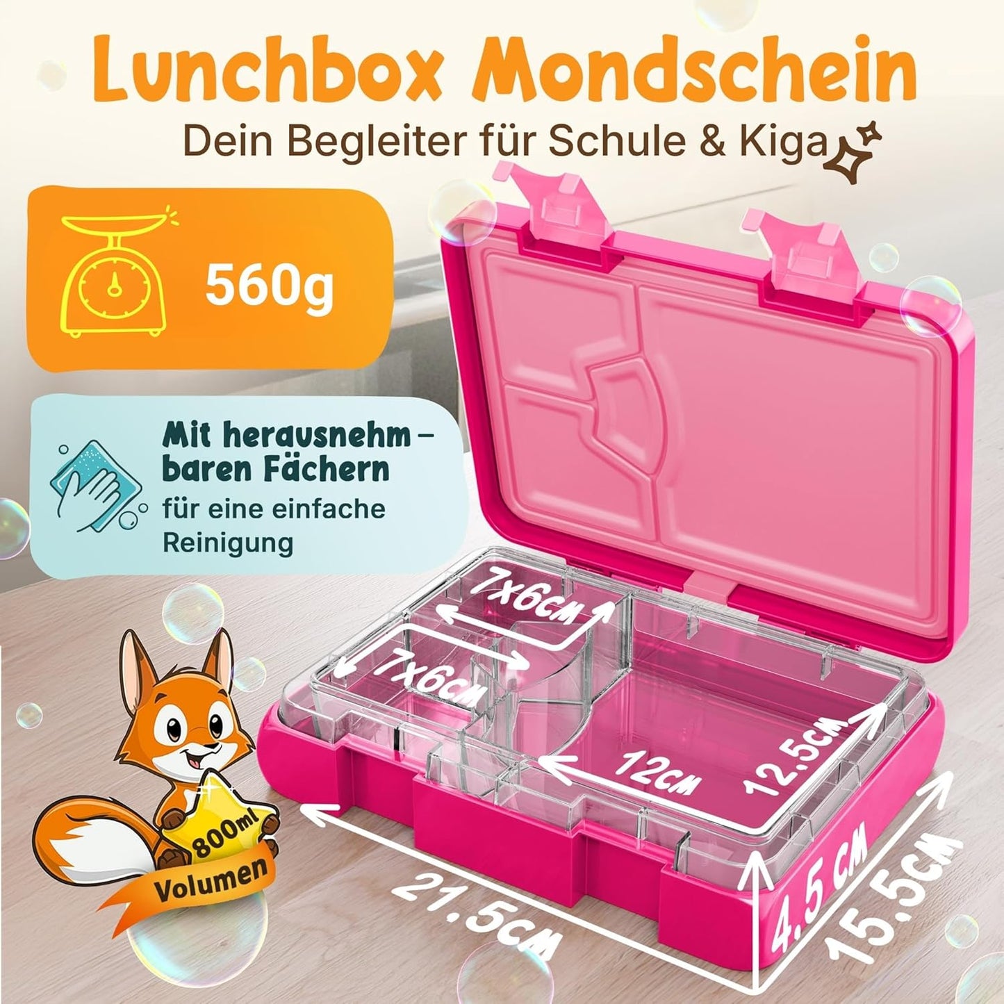 Funkelfuchs® - Lunchbox für Kinder mit Fächern - 800ml, pink - Lunchbox moonlight, groß - Brotzeitbox, Brotzeitbox, Lunchbox, Brotzeitbox, Bento-Box für Kinder - für Schule, Kindergarten und Kita