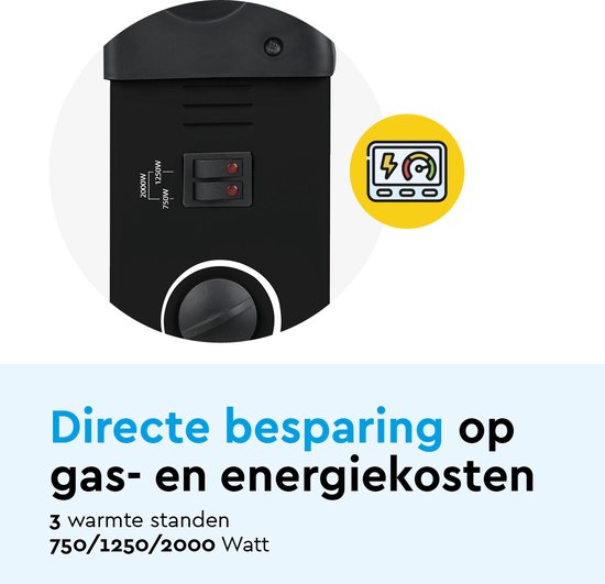 BRASQ Elektrische Konvektorheizung - Einstellbarer Thermostat - Elektrische Heizung - 750/1250/2000 Watt - Heizung - Schwarz