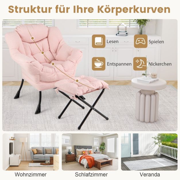Coast Rosa Loungesessel mit Armlehnen, Kopfkissen und Seitentasche – Relaxsessel mit optionalem Fußhocker – Sherpa – Rosa
