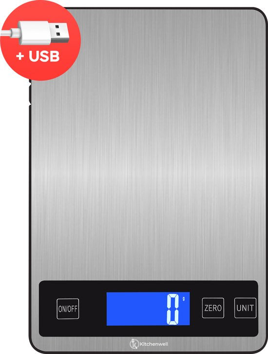Kitchenwell Digitale Präzisionsküchenwaage - Küchenwaage - 1gr - 10kg - Tara-Funktion - USB wiederaufladbar - Grau