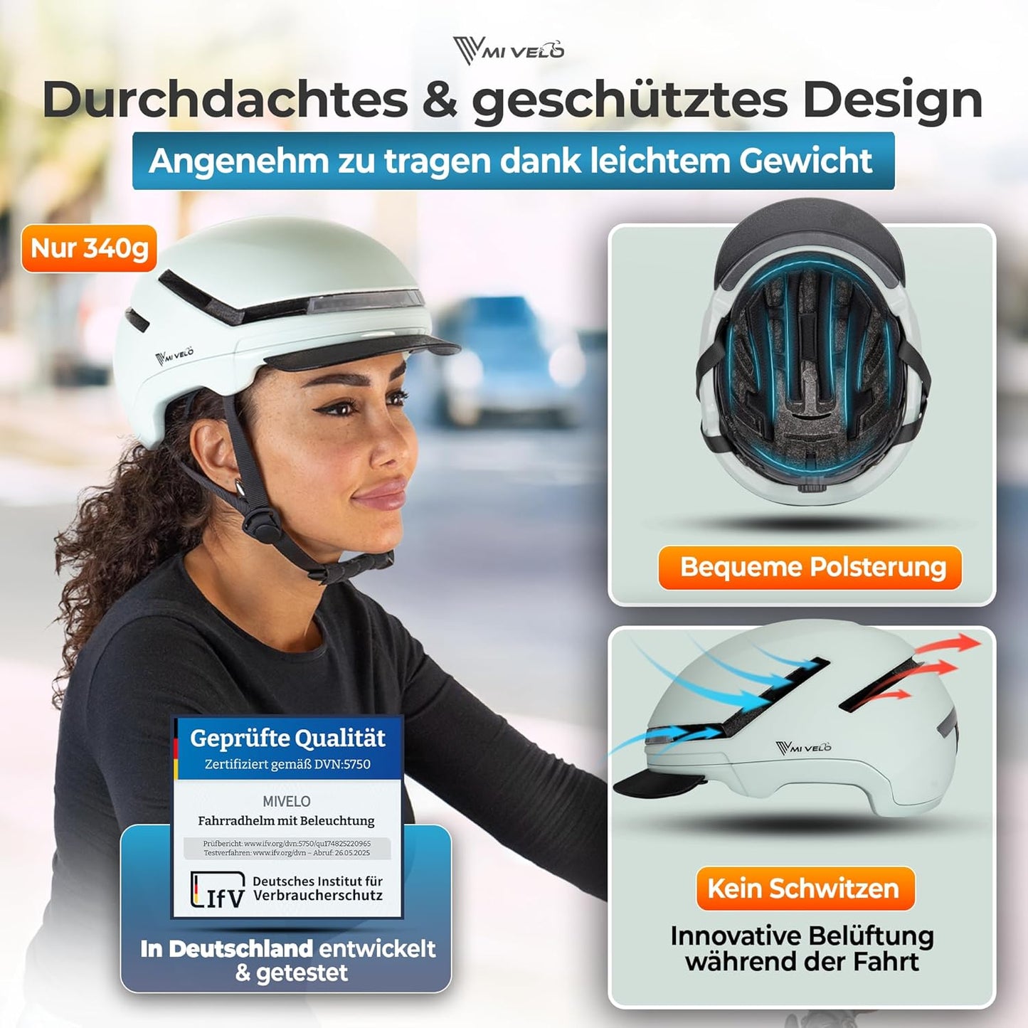 Mivelo NOVA Unisex-Fahrradhelm mit Licht – NTA-zertifiziert bis 45 km/h – Größe L (57–61 cm) – Mint
