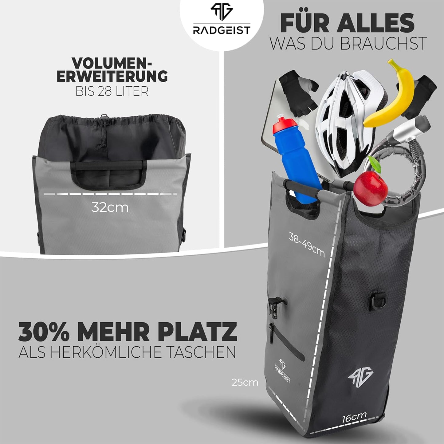 RADGEIST Fahrradtasche - Für Gepäckträger - Mit herausnehmbarer Kühltasche - Einkaufstasche - 22-28 Liter - Grau