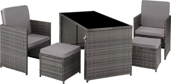 tectake - Geflechtsitzgruppe, 5-teiliges Lounge-Gartenmöbel-Set mit Tisch, Sessel und Hocker, Essgruppe für bis zu 4 Personen, Garten- und Balkonmöbel inkl. Kissen - grau - Poly-Rattan