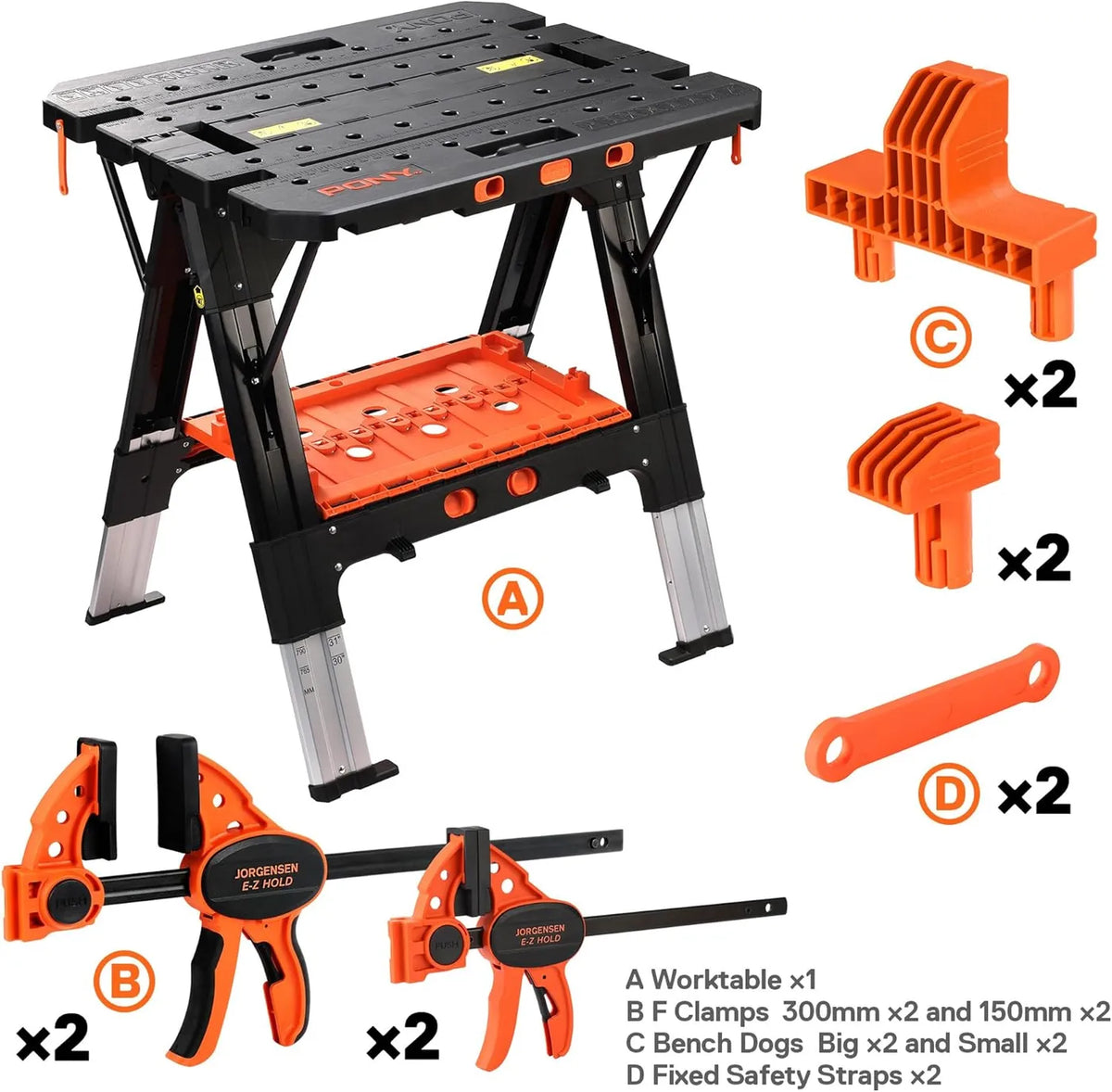 Pony 2-in-1 klappbare Werkbank und Sägebock – verstellbar – schwarz
