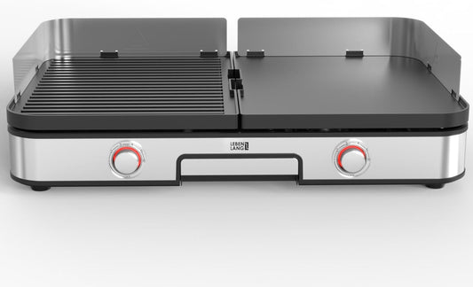 LEBENLANG Elektro-Tischgrill 2400W - Grau - 2x Grillplatten (gerippt & glatt) - 55 x 30 cm - Inklusive Grillzange und Spritzschutz - Für den Innen- und Außenbereich