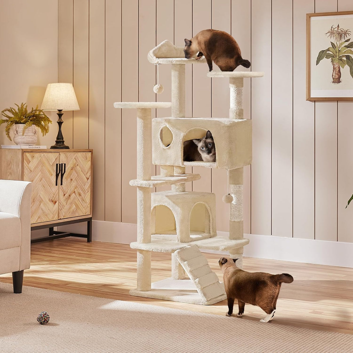 Yaheetech Katzenkratzbaum 137 cm - Beige - 49 x 49 x 137 cm - Mit 2 Häuschen, 3 Tellern und Sisal-Spielbällen