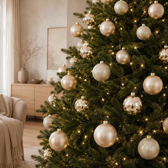 Mica Decorations Weihnachtskugeln – 26 Stück – Weihnachtsschmuck für den Weihnachtsbaum – Glänzende und glitzernde Ornamente – Spitzen und Kugeln in verschiedenen Größen – Ø 7 cm – Cremefarben