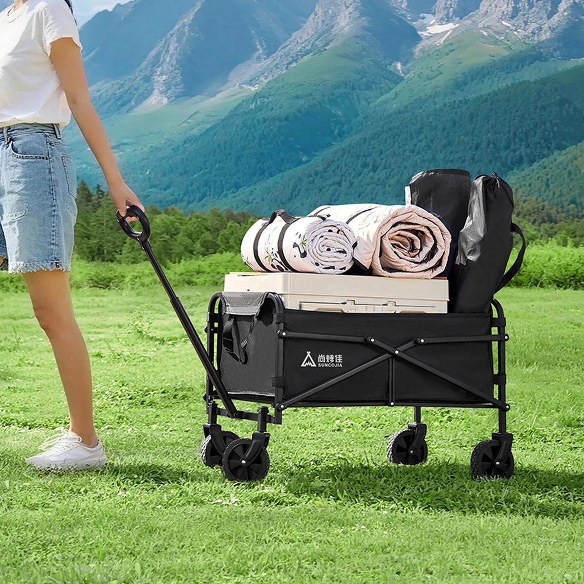 SUNCOJIA Zusammenklappbarer Handwagen mit Rädern, schwarz, 80 x 46 cm