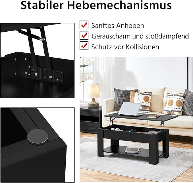 Yaheetech Couchtisch mit Lift-Top – Schwarz – Höhenverstellbar mit verstecktem Stauraum