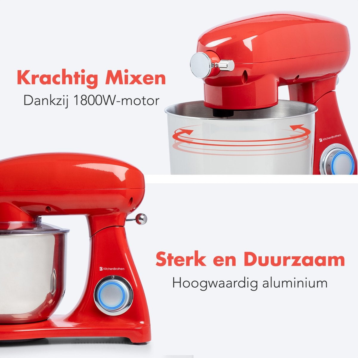 KitchenBrothers Küchenmaschine - Küchenroboter - 6L Rührschüssel - 1800W - Aluminium - Rot
