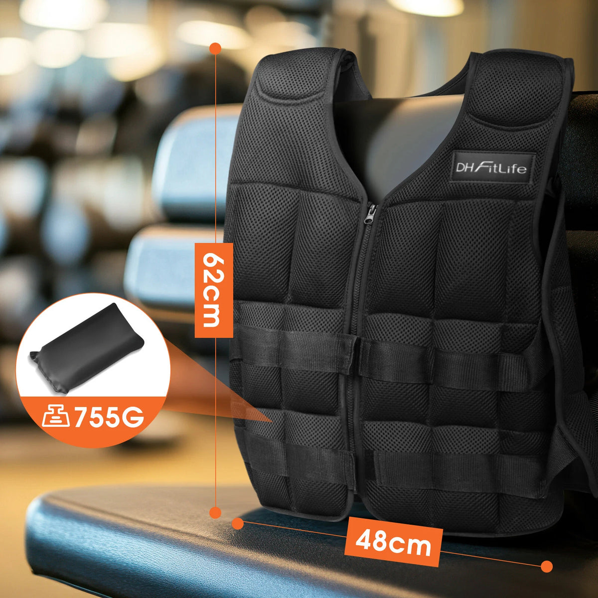 DH FitLife Verstellbare Gewichtsweste – 1 bis 20 kg – 38 herausnehmbare Gewichtsblöcke – 48 x 62 cm – Schwarz