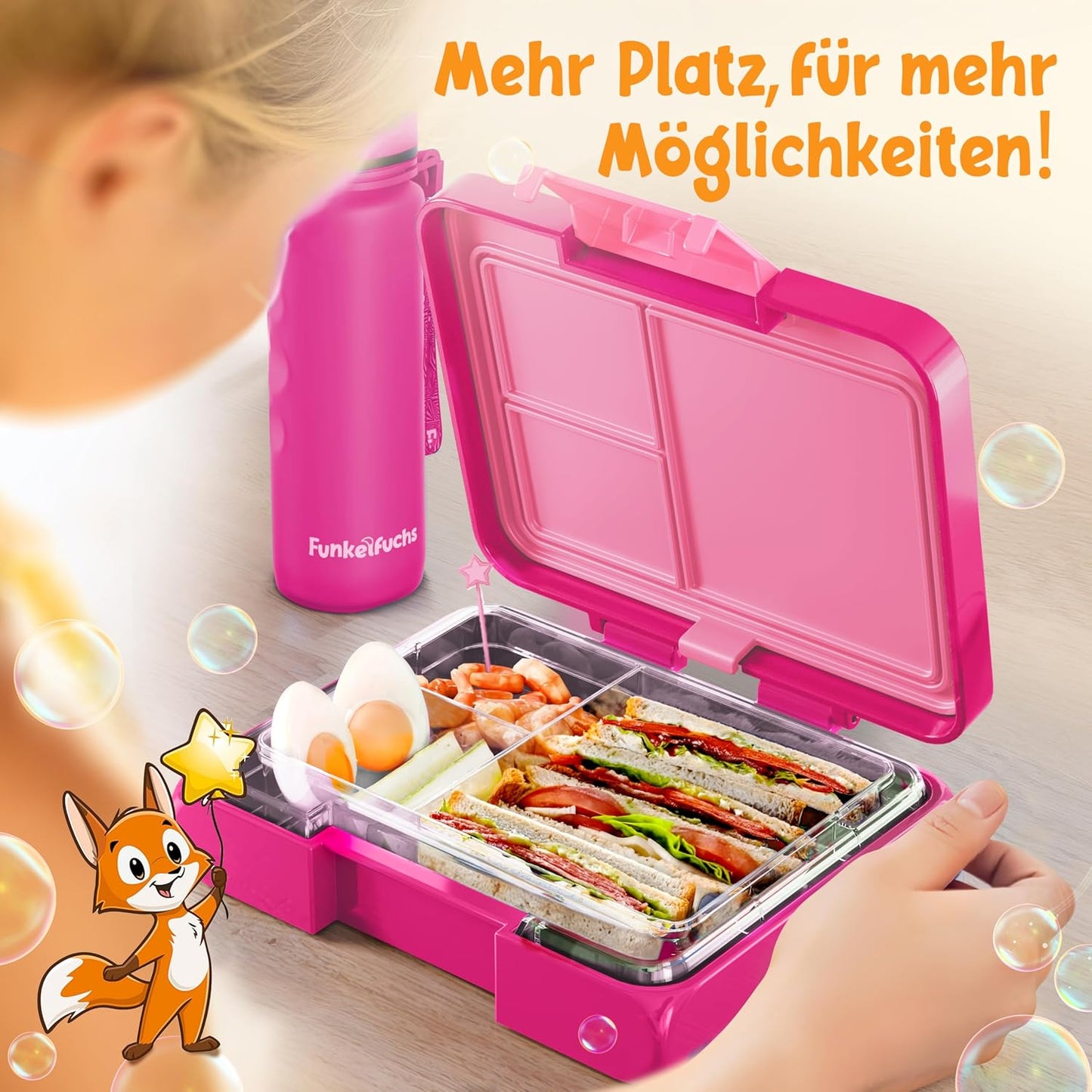 Funkelfuchs® - Lunchbox für Kinder mit Fächern - 500ml, pink - Lunchbox Stern, klein - Brotzeitbox, Snackbox, Lunchbox, Brotzeitbox, Brotdose, Bento-Box für Kinder - für Schule, Kindergarten und Hort