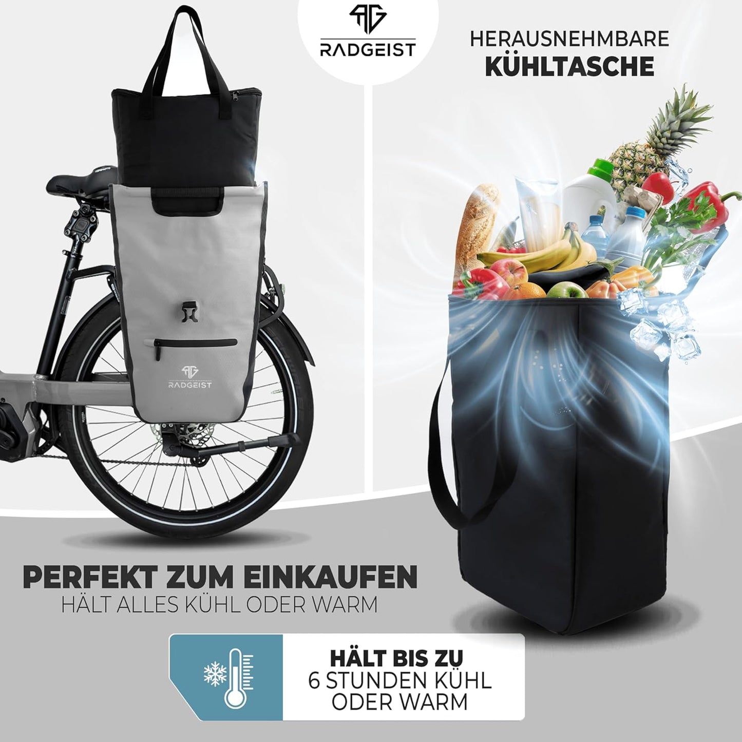 RADGEIST Fahrradtasche - Für Gepäckträger - Mit herausnehmbarer Kühltasche - Einkaufstasche - 22-28 Liter - Grau