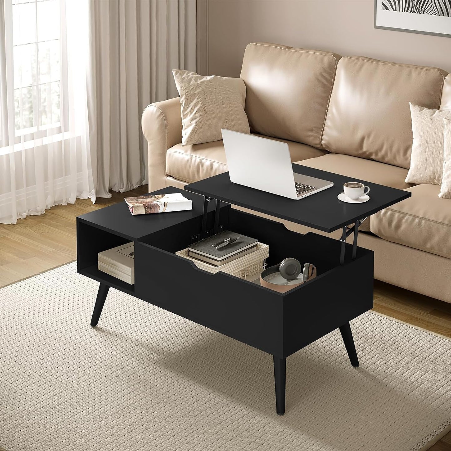 Woltu Couchtisch, höhenverstellbar – 100 x 57 x 50 cm – Schwarz