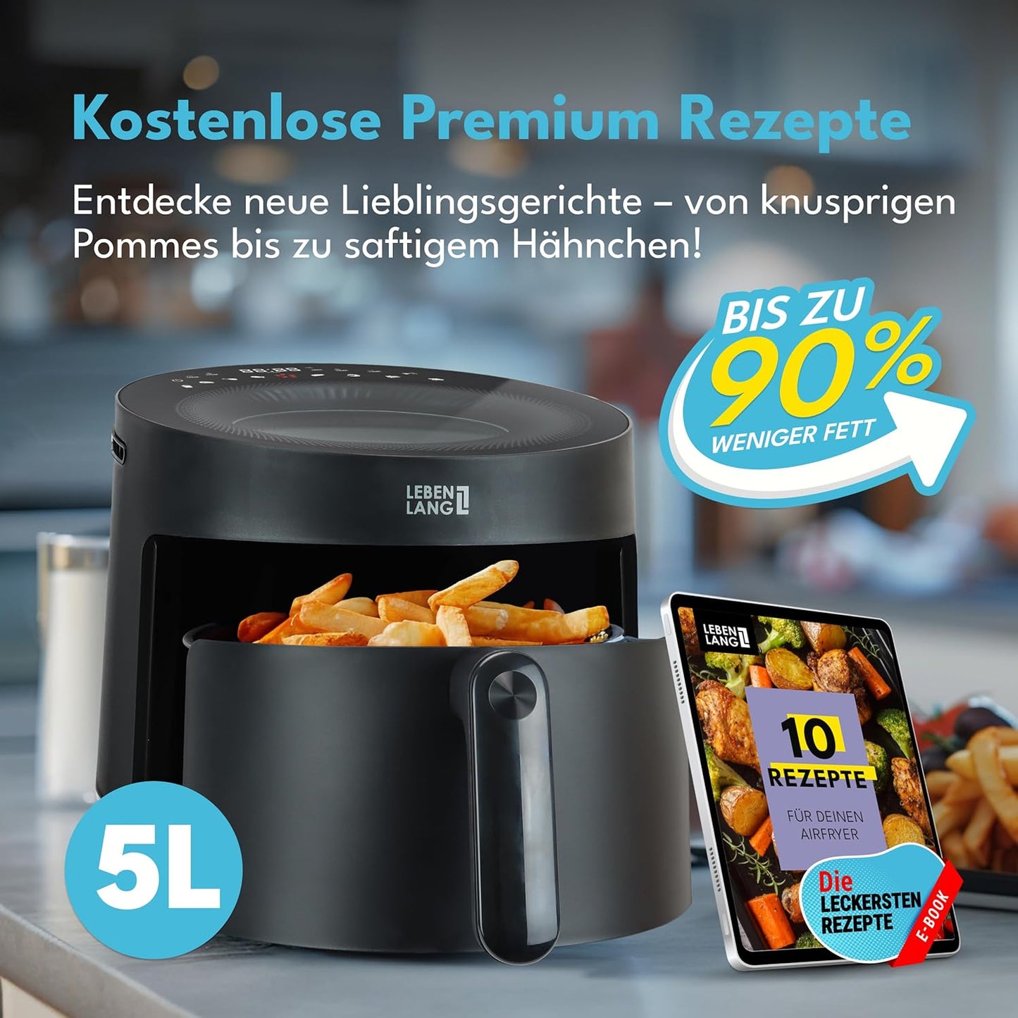 LEBENLANG Airfryer 5L & 1500W - 8 Programme - Inklusive Rezeptbuch - 45 x 30 x 27 cm - Schwarz