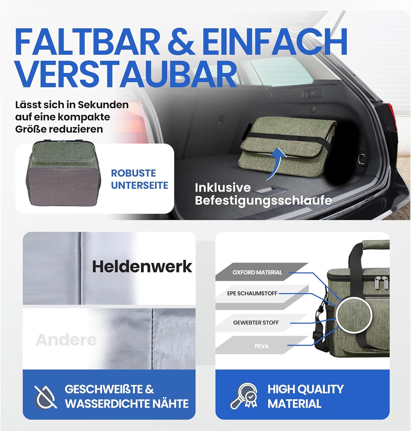 HELDENWERK Große Kühltasche, faltbar, isolierte Kühltasche, Thermotasche, auslaufsicher und wasserdicht, Picknick-Lunchbag, Frühstückstasche, Thermotasche, Isoliertasche - Olivgrün