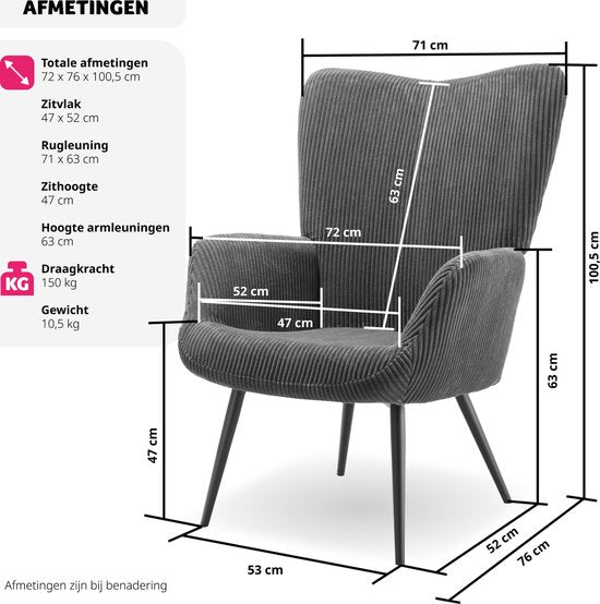 tectake Ohrensessel im skandinavischen Stil - Cord Hygge - Sessel für Wohnzimmer, Schlafzimmer - Loungesessel - Schwarze Metallbeine - Belastbarkeit bis 150 kg - Grau