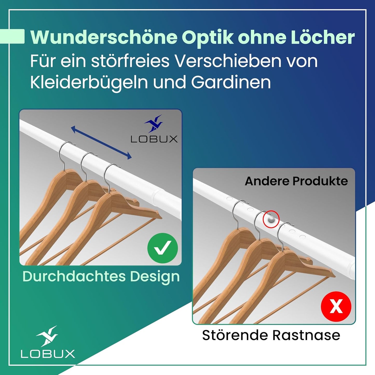 LOBUX® - Gardinenstange ohne Bohren [weiß, 110-250cm] - Teleskopstange Gardinenverlängerung - Duschstange ohne Bohren - Gardinenstange, Duschvorhangstange, Kleiderstange, Klemmstange Katzennetz
