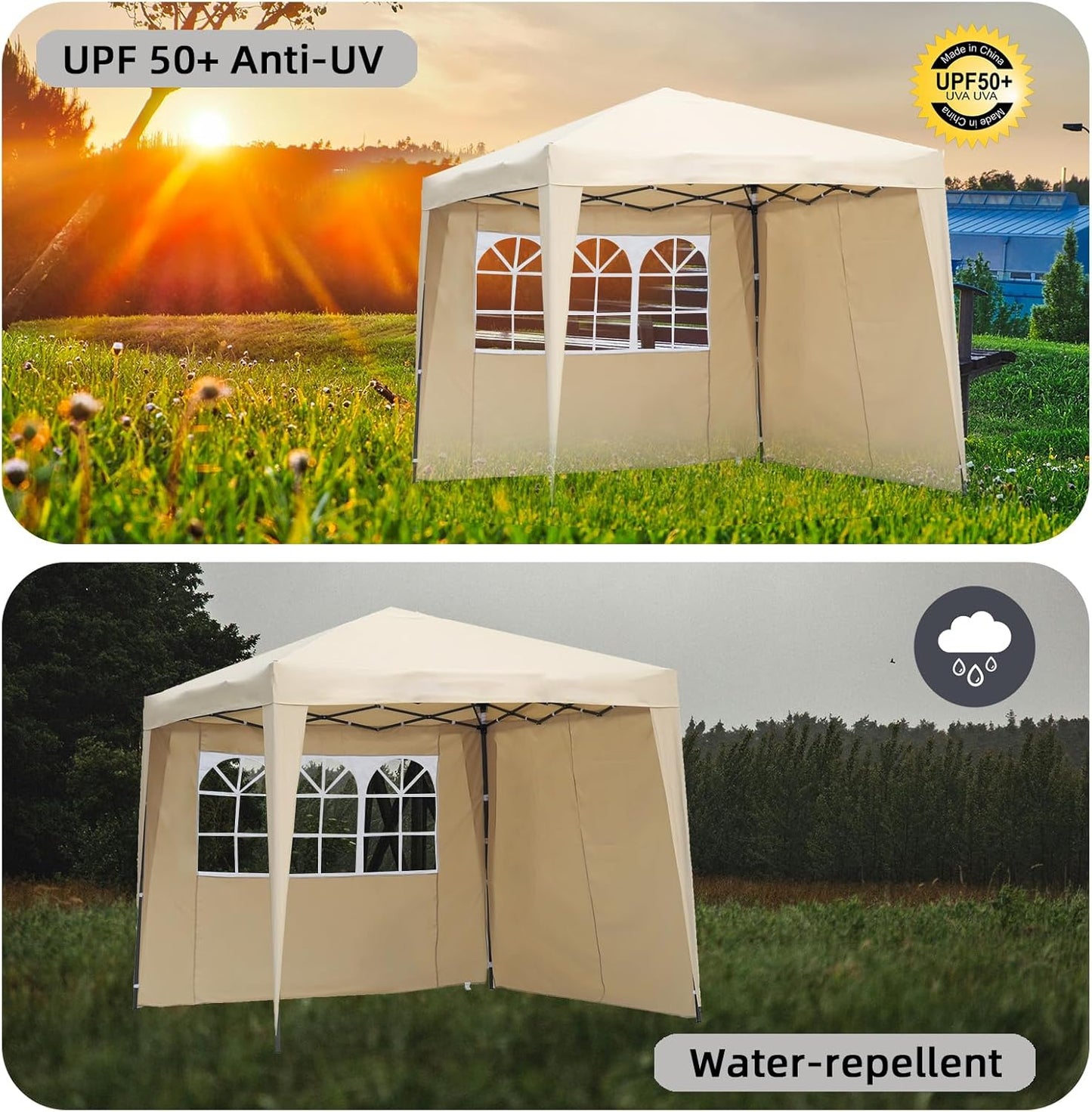 Angel Living Partyzelt - Einfacher Aufbau - Mit 2 Seitenwänden - 250 x 250 x 250 cm - Beige