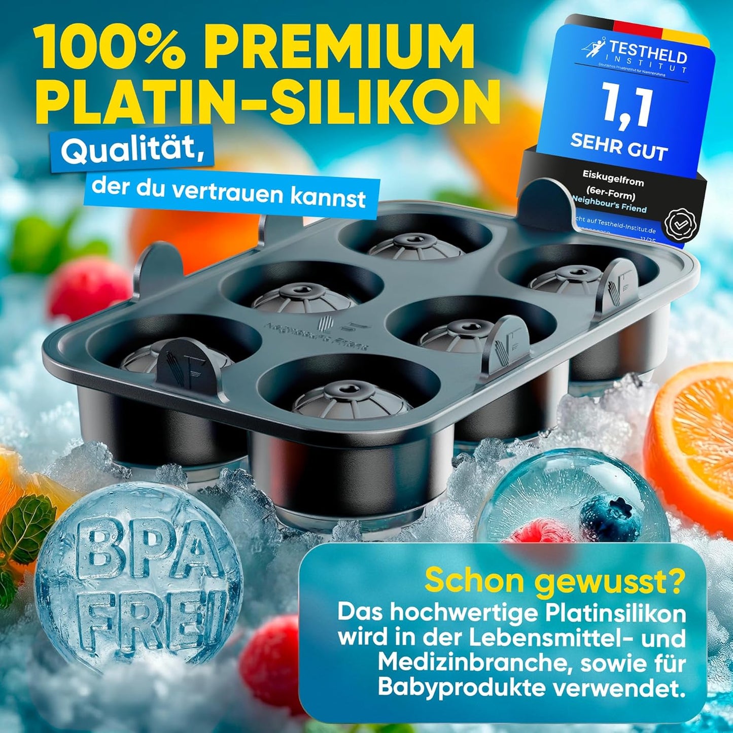 Neighbour's Friend - Patentierte XXL Eiswürfelform Platinum - runde große Eiswürfelform für Cocktails, Gin & Drinks - 6 Eiskugeln, spülmaschinenfest