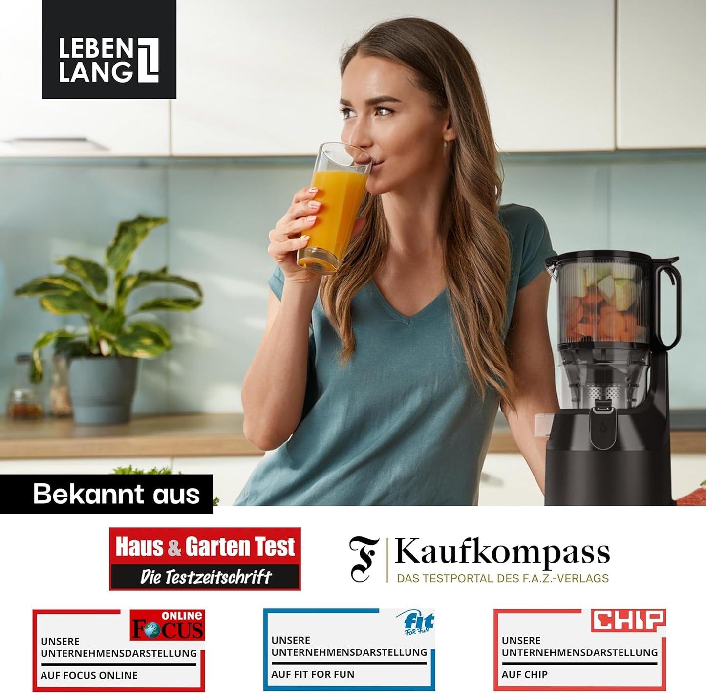 Lebenlang Entsafter - Einfache Reinigung und Montage - 250 W - BPA-frei - 20 x 44 cm - Schwarz