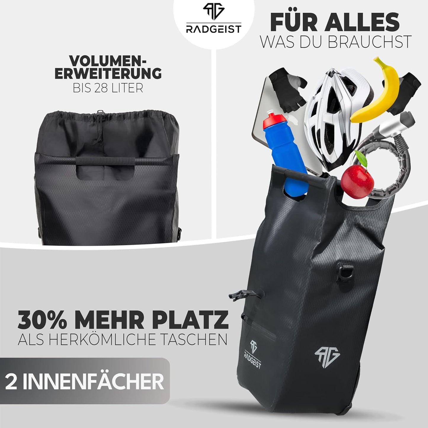 RADGEIST Fahrradtasche für Gepäckträger I Fahrradtasche Shopper mit abnehmbarer Kühltasche I Kuriertasche & Einkaufstasche 22-28 Liter - schwarz