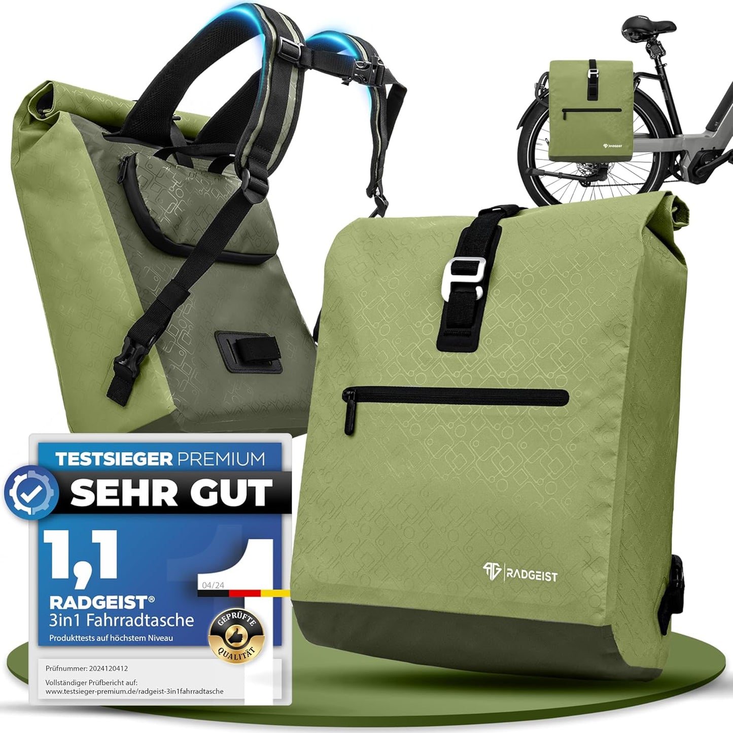 RADGEIST Fahrradtasche - Für Gepäckträger - Für Frauen & Männer - Umhängetasche - 20L - Grün