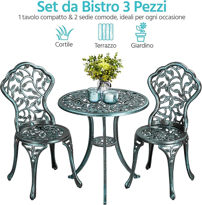Yaheetech Bistro-Set, 3-teilig – Grün – Gartengarnitur aus Metall mit 2 Stühlen und einem Tisch