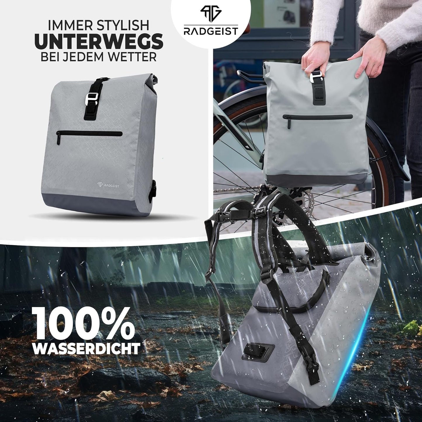 RADGEIST Fahrradtasche für Gepäckträger - Rucksack - 20L - Grau