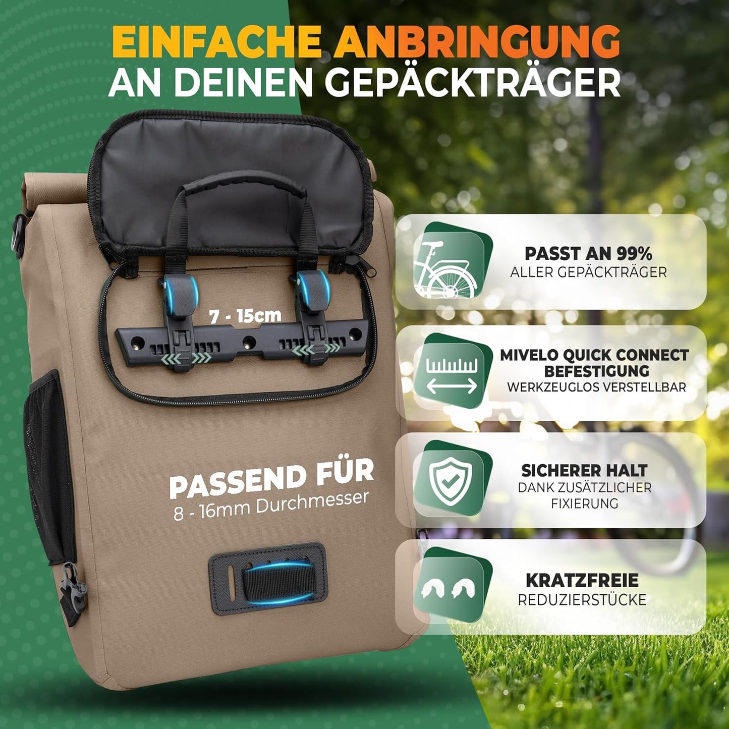 MIVELO 3-in-1 wasserdichte Fahrradtasche mit Laptopfach und Schloss - PVC-frei - Sand Beige - 20 L