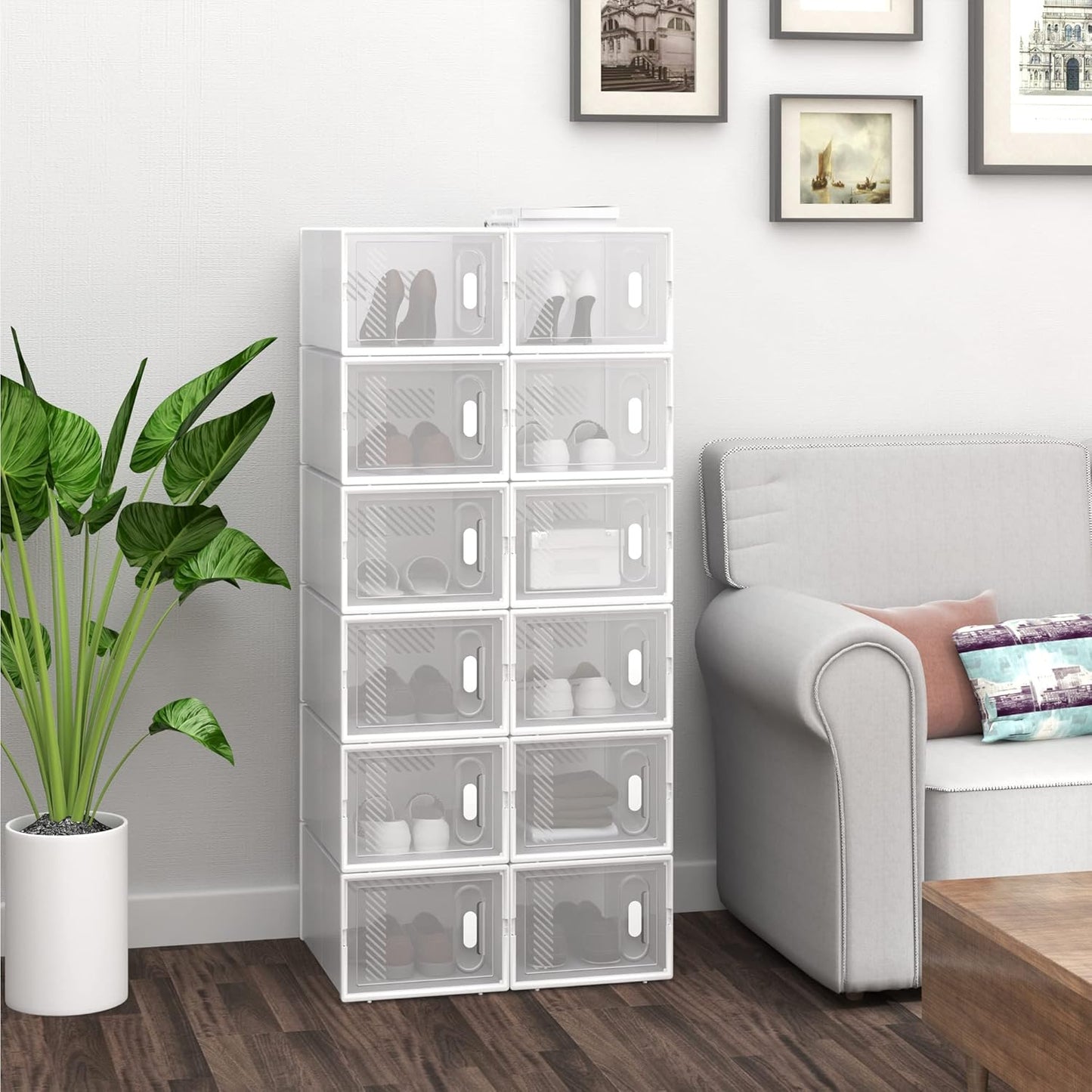 Woltu Schuhkartons Transparent Weiß - 12 Stück - stapelbar & faltbar - mit Frontdeckel - 25x19x35 cm