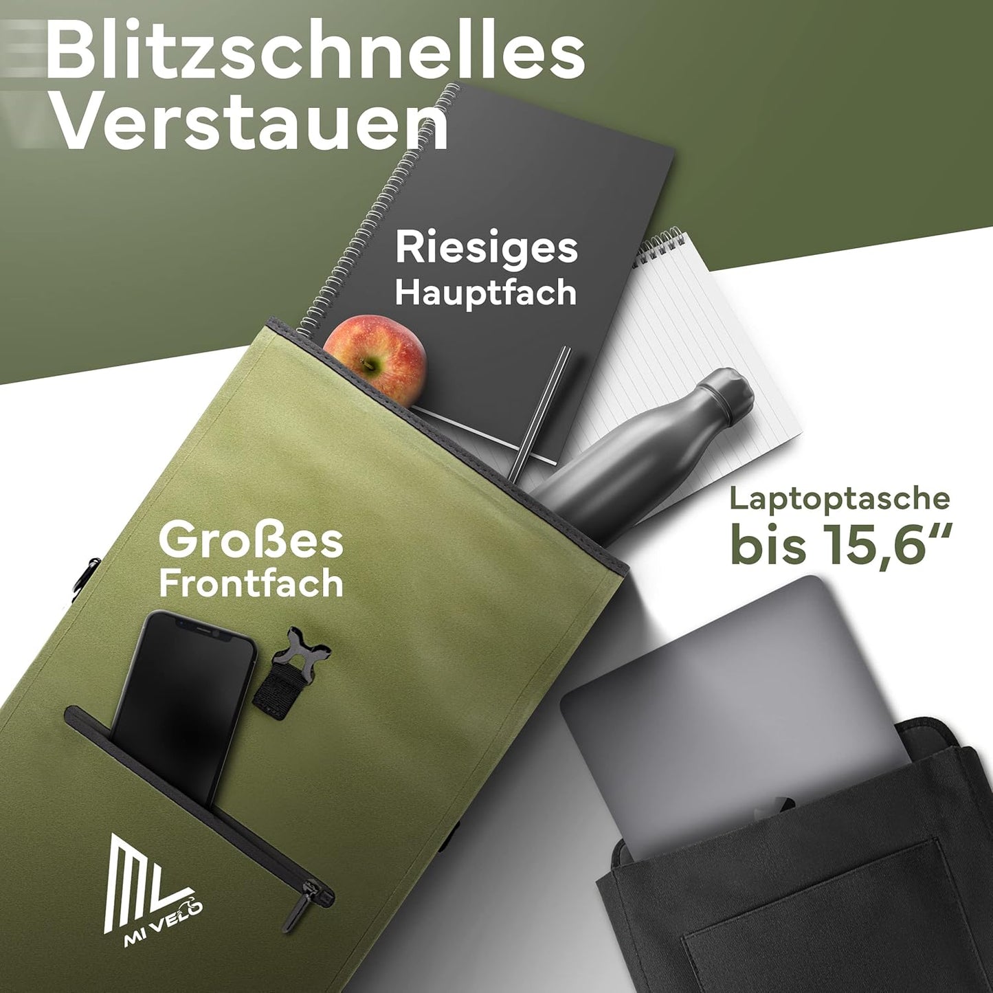 MIVELO 3-in-1 Packtasche für Gepäckträger - 100% wasserdicht - PVC-frei - Olivgrün - 25L