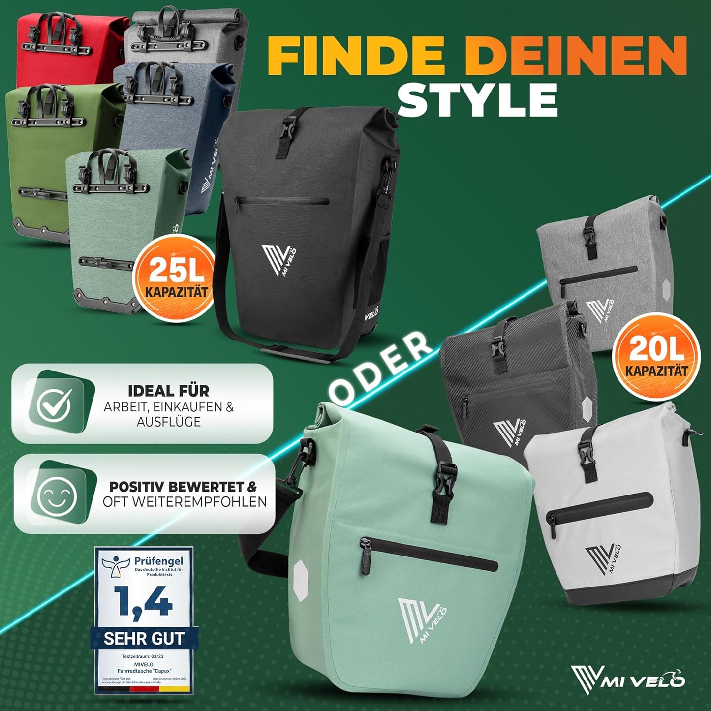 MIVELO Fahrradtasche – 2in1 Gepäckträgertasche & Schultertasche – 20 Liter – Wasserdicht – Carbon